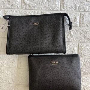 NEW 2 PC GUESS BLACK , LOGO DESIGN,TRAVEL BAG,COSMETIC POUCH